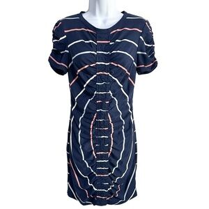 Parker Navy Blue Striped Short Sleeve Ruched Sheath Mini Dress Size Small